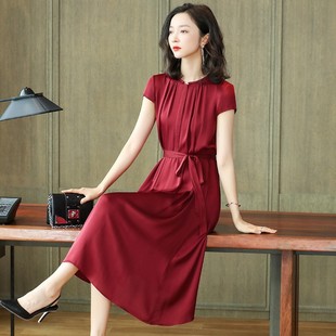红色重磅真丝连衣裙2024夏季年轻款高端杭州桑蚕丝绸中长裙子