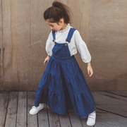 17韩国童装女童秋冬季牛仔裙，纯棉中大儿童，个性背带大摆连衣裙