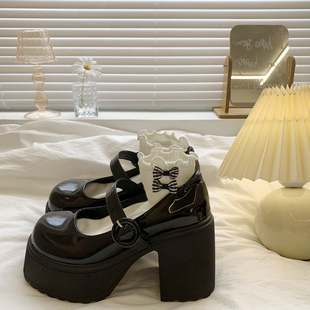 黑色玛丽珍小皮鞋，女2024春夏季英伦风，复古日系粗跟超高跟单鞋