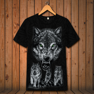 3d动物群狼恶狼头个性图案，印花短袖t恤潮牌男装大码半袖体恤衫