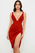 欧美风女装跨境ebay纯色，吊带性感开衩连衣裙女装礼服裙红色潮