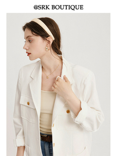 srk2023年秋季亚麻长袖西装，女设计感小众，白色宽松百搭外套