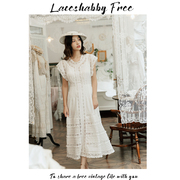 原创法式复古风格白色纯棉波点镂空蕾丝爱德华古董裙连衣裙子