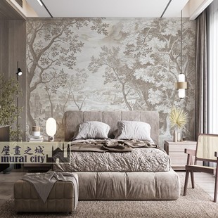 法式森林油画壁纸黑白灰欧式墙纸简约树林墙布卧室客厅背景壁画