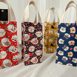 日式帆布手提袋小包招财猫高级布袋子(布袋子)棋盘格，方形质感水杯袋手提包