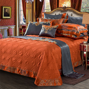 欧式高档奢华全棉床单四件套床上用品贡缎提花桔色刺绣18m多件套