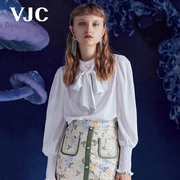 VJC/威杰思秋季女装款宫白色缎面宫廷风泡泡袖通勤衬衫