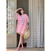 林初美粉色短袖t恤连衣裙，女夏季宽松大版显瘦中长款休闲百搭上衣