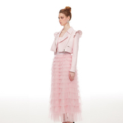 设计师品牌maidiremai粉色飞袖皮外套短款层层网纱蛋糕半身裙