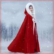 汉服女斗篷长款加绒加厚红色古装披风外套大毛领男女同款冬季拍照