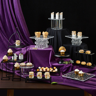 欧式黑色甜品台摆件，婚礼装饰点心，展示架亚克力托盘高端水晶架子
