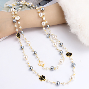 长款珍珠项链女韩版时尚多层双面，滴釉玫瑰花毛衣，链水晶装饰品挂链