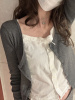 brandygirlbm深灰色长袖开衫，低圆领女上衣女打底衫2023外套