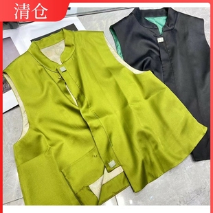 zooyi春季2022中国风真丝桑，蚕丝牛油果绿色，马甲短外套女上衣