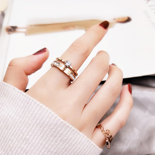 韩版食指钛钢戒指女网红潮人镀玫瑰金指环镶人造锆石首饰品不褪色