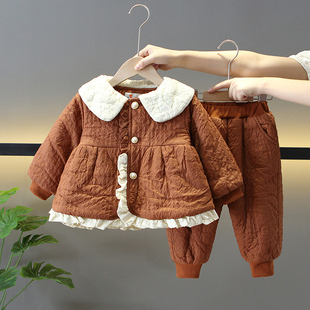 女童秋冬季洋气小香风棉袄两件套儿童女宝宝冬装加绒加厚棉衣套装