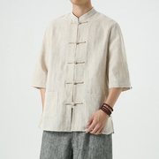 亚麻衬衫男短袖夏季中国风，棉麻五分袖唐装男款大码新中式麻料衬衣