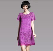 夏季欧美高端蕾丝镂空欧根纱拼接宽松A型紫色短袖连衣裙