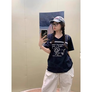 藏青色蕾丝拼接v领短袖t恤女夏季宽松韩系正肩半袖小众绝美上衣服