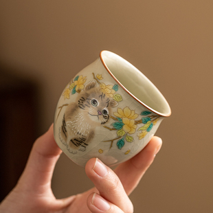 米黄汝窑萌猫茶杯可养陶瓷茶具家用个人专用大号女生可爱主人单杯