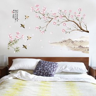 风景山水画墙贴纸中国风古典客厅背景墙卧室床头，墙壁装饰贴画自粘