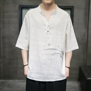 夏季中式唐装男青年中国风盘扣七分袖上衣，佛系男装棉麻衬衫宽松