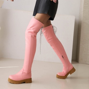 粉红色白色靴子厚底皮靴厚绒毛靴棉靴雪地靴平底过膝长靴大码 WMH