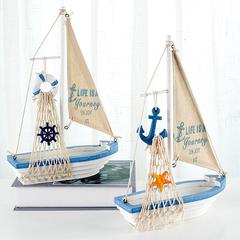 地中海实木制模型摆件蓝白帆布船家居装饰摆设一帆风顺工艺品