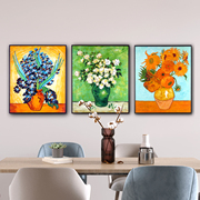 梵高向日葵玫瑰花油画装饰画纯手绘挂画客厅餐厅客厅三联花卉油画