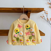 女童毛衣2022年秋季宝宝，针织衫童装儿童手工，钉制花朵开衫外套