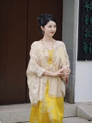新中式国风禅意女装2023高端唐装上衣黄色醋酸连衣裙套装夏装