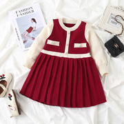 韩版女童纯棉酒红色毛衣裙小香风针织裙婴儿新年连衣裙宝宝公主裙