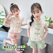 女童短袖套装高级感薄款宝宝夏装绿色小香风洋气时髦夏季中式短裤
