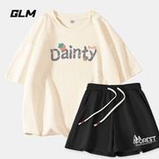 GLM慵懒风宽松套装女夏季短裤短袖休闲t恤大码女装运动跑步两件套