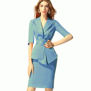 职业装套装女套裙时尚雾霾蓝两件套气质小个子短款气质减龄商务正