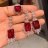 欧美长方形红色宝石锆石项链耳环套装酒会新娘婚纱晚宴礼服配饰品