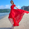红色沙滩裙女2024夏三亚海边度假长裙荷叶边吊带雪纺连衣裙