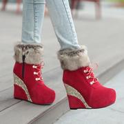 秋冬款松糕厚底高跟短靴女坡跟红色靴子绒面棉靴毛靴大码女靴 ZYJ