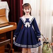 2021年秋冬女童海军领设计加绒保暖蓝色红色学院风百褶儿童连衣裙