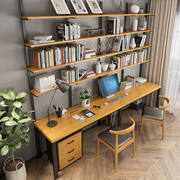 定制美式双人书桌书柜，组合家用实木办公桌，台式电脑桌带书架一体桌