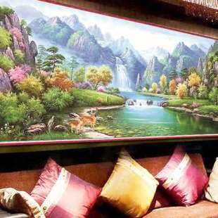 青山绿水母子鹿十字绣大幅客厅大气风景山水画中式现代刺