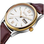 瑞士海琴双日历皮带手表，男士全自动机械表镂空防水精钢腕表