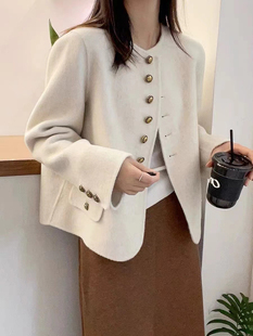 韩国东大门手缝双面羊绒大衣女短款小个子单排扣圆领长袖毛呢外套