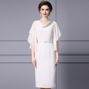 智丽飘纱袖设计感连衣裙奢华镶钻v领系带白色包臀裙2024夏季