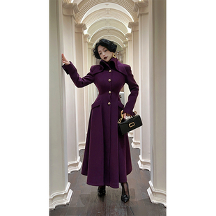 路易小姐庄园风华中古紫色，收腰垫肩气质，羊毛毛呢大衣长款外套