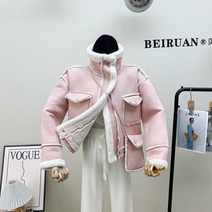 粉色短款仿兔毛外套，女冬2023年鹿皮绒，加厚保暖立领夹克机车服
