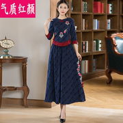 中国风复古唐装棉麻绣花上衣女春夏季民族风大码茶服半身裙两件套