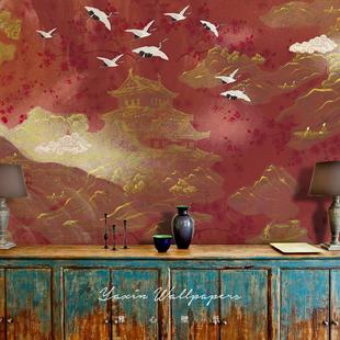 现代暗红色仙鹤国风壁纸中式墙纸卧室客厅无纺布定制壁画无缝墙布