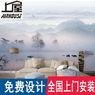 新中式电视背景墙壁纸奢华大气，意境水墨画山水壁画沙发卧室无纺布