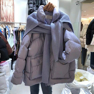 韩国东大门2022冬装紫色针织披肩，+立领加厚棉服外套女两件套